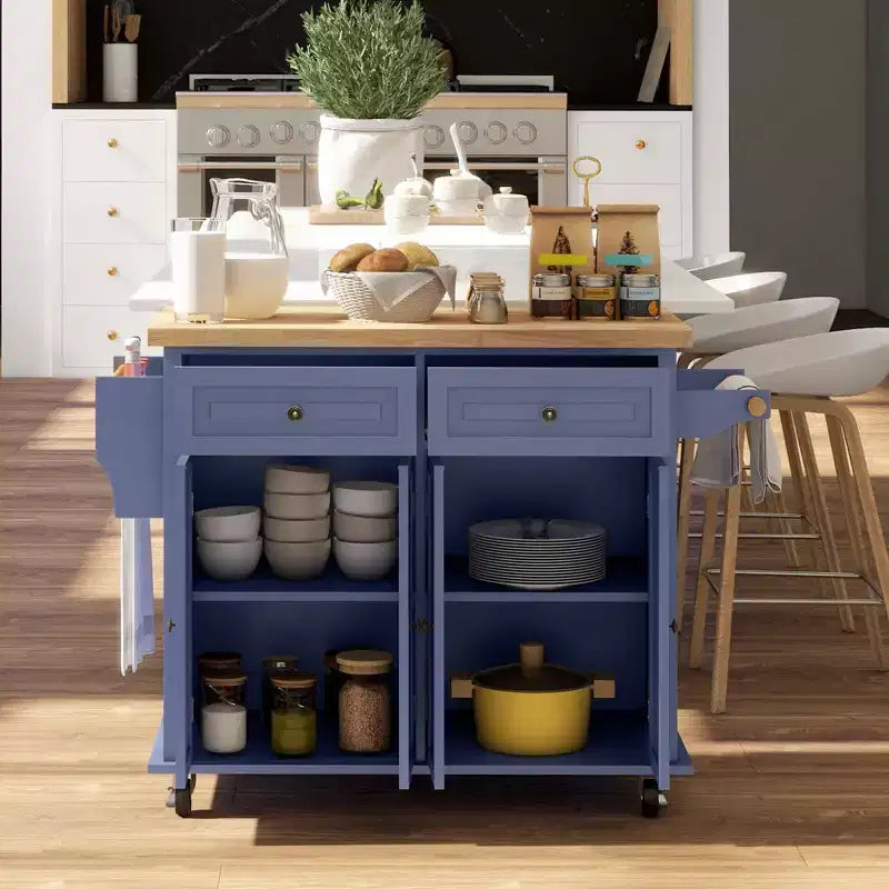 Îlot de cuisine sur roulettes, Desserte roulante avec plateau en bois d'hévéa, Étagère à épices, Porte-serviettes et Tiroirs pour salle à manger