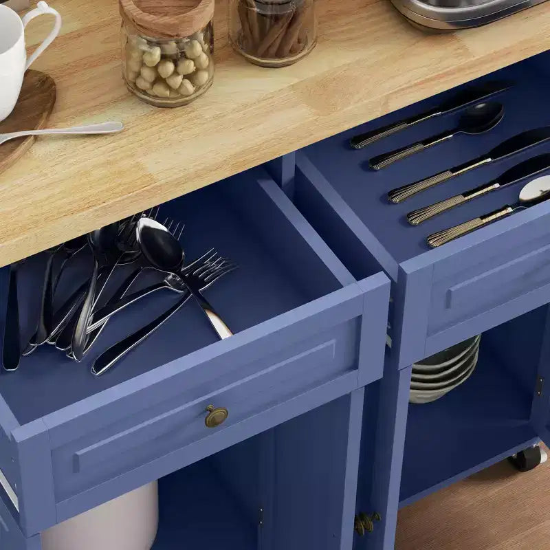 Îlot de cuisine sur roulettes, Desserte roulante avec plateau en bois d'hévéa, Étagère à épices, Porte-serviettes et Tiroirs pour salle à manger