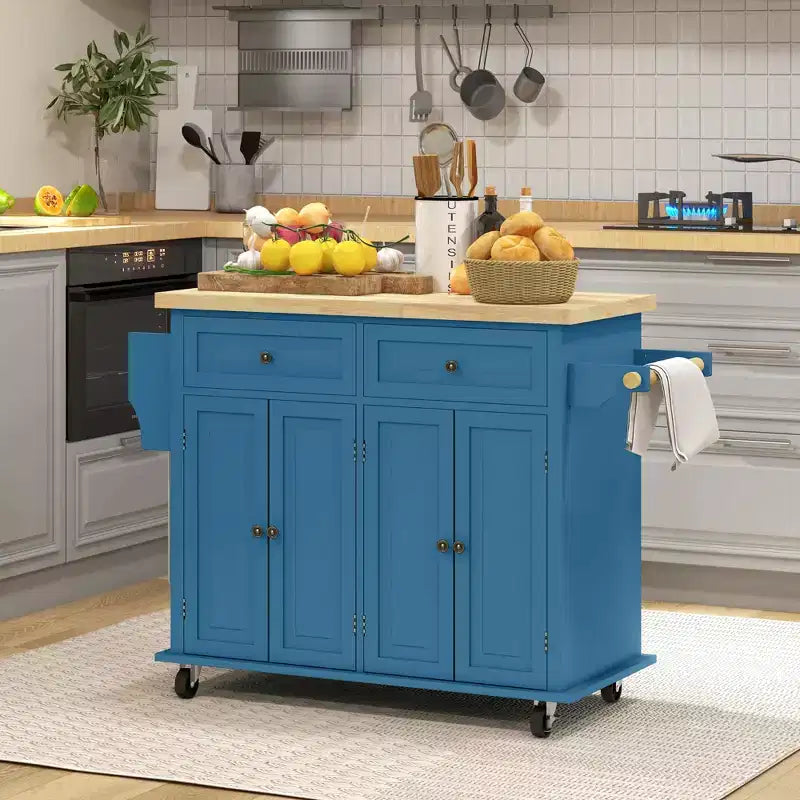 Îlot de cuisine sur roulettes, Desserte roulante avec plateau en bois d'hévéa, Étagère à épices, Porte-serviettes et Tiroirs pour salle à manger