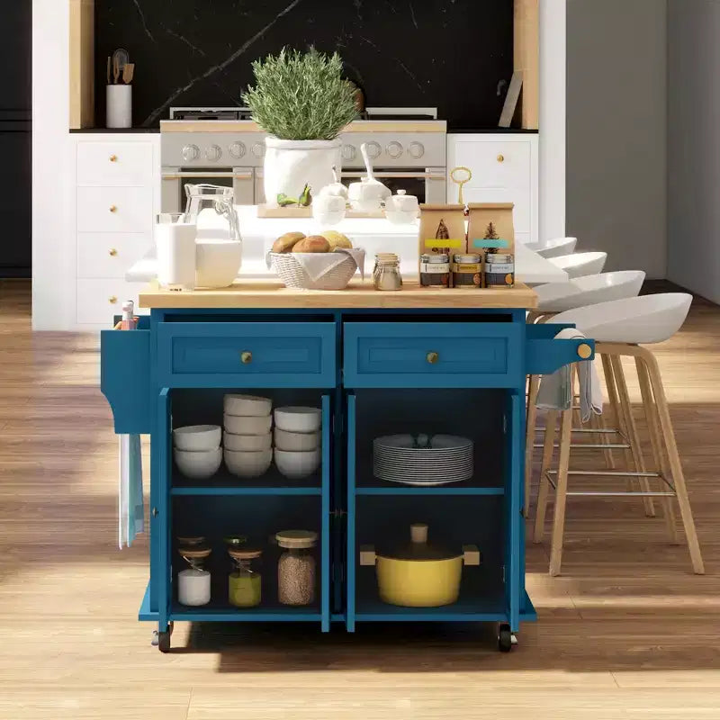 Îlot de cuisine sur roulettes, Desserte roulante avec plateau en bois d'hévéa, Étagère à épices, Porte-serviettes et Tiroirs pour salle à manger