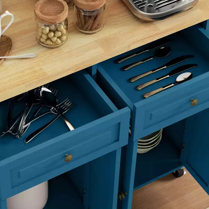 Îlot de cuisine sur roulettes, Desserte roulante avec plateau en bois d'hévéa, Étagère à épices, Porte-serviettes et Tiroirs pour salle à manger