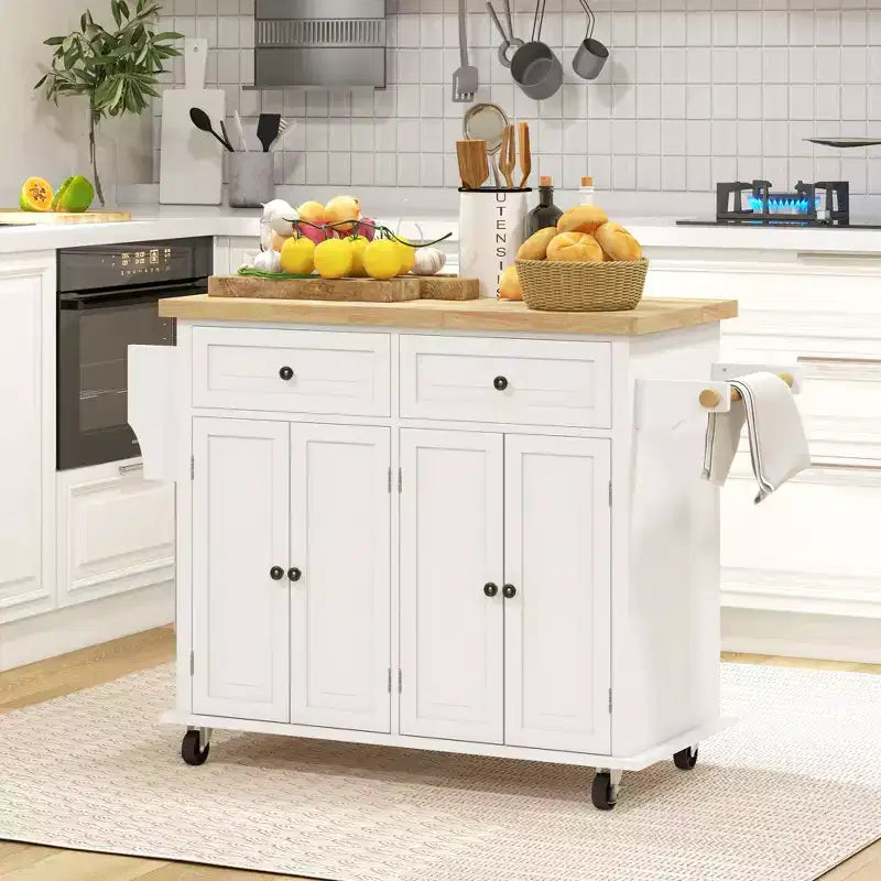Îlot de cuisine sur roulettes, Desserte roulante avec plateau en bois d'hévéa, Étagère à épices, Porte-serviettes et Tiroirs pour salle à manger