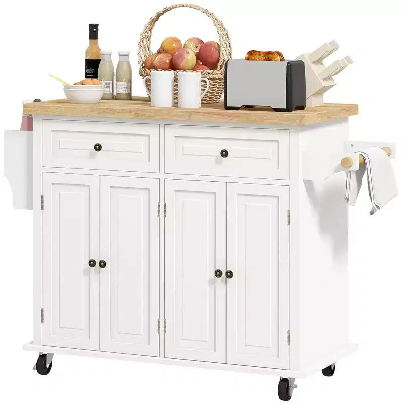 Îlot de cuisine sur roulettes, Desserte roulante avec plateau en bois d'hévéa, Étagère à épices, Porte-serviettes et Tiroirs pour salle à manger
