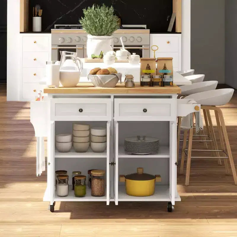Îlot de cuisine sur roulettes, Desserte roulante avec plateau en bois d'hévéa, Étagère à épices, Porte-serviettes et Tiroirs pour salle à manger