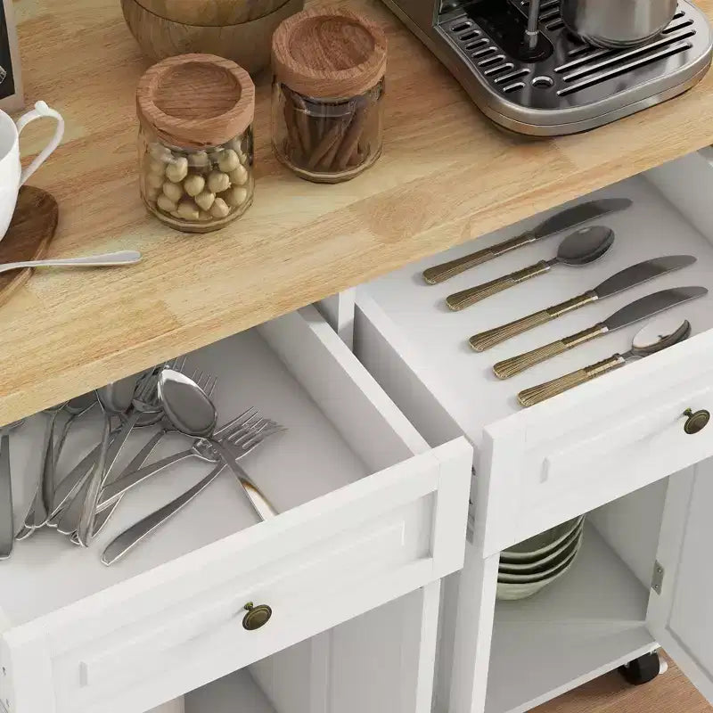 Îlot de cuisine sur roulettes, Desserte roulante avec plateau en bois d'hévéa, Étagère à épices, Porte-serviettes et Tiroirs pour salle à manger