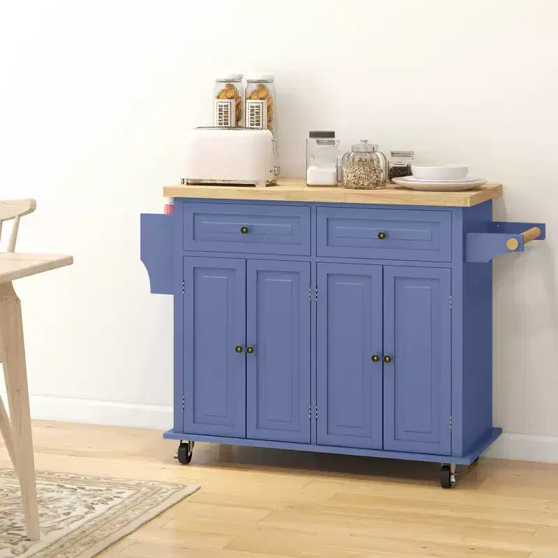 Îlot de cuisine sur roulettes, Desserte roulante avec plateau en bois d'hévéa, Étagère à épices, Porte-serviettes et Tiroirs pour salle à manger