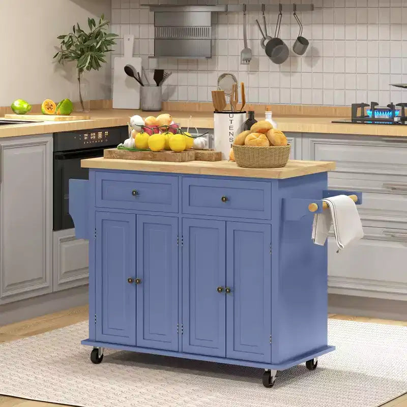 Îlot de cuisine sur roulettes, Desserte roulante avec plateau en bois d'hévéa, Étagère à épices, Porte-serviettes et Tiroirs pour salle à manger