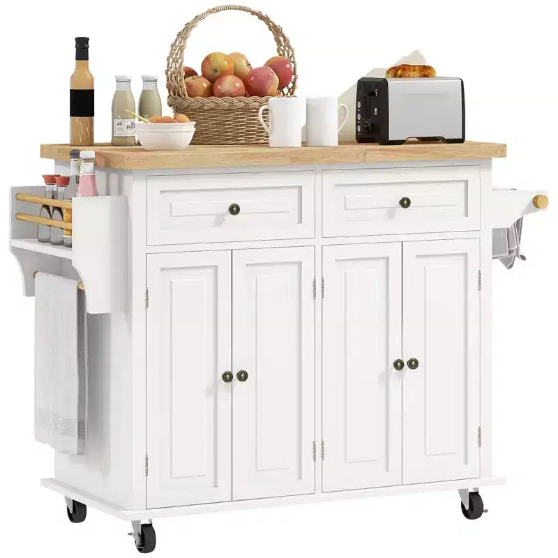 HOMCOM Kitchen Island on Wheels, Rolling Cart with Rubber Wood Top, Spice Rack, Towel Rack & Drawers for Dining Room
