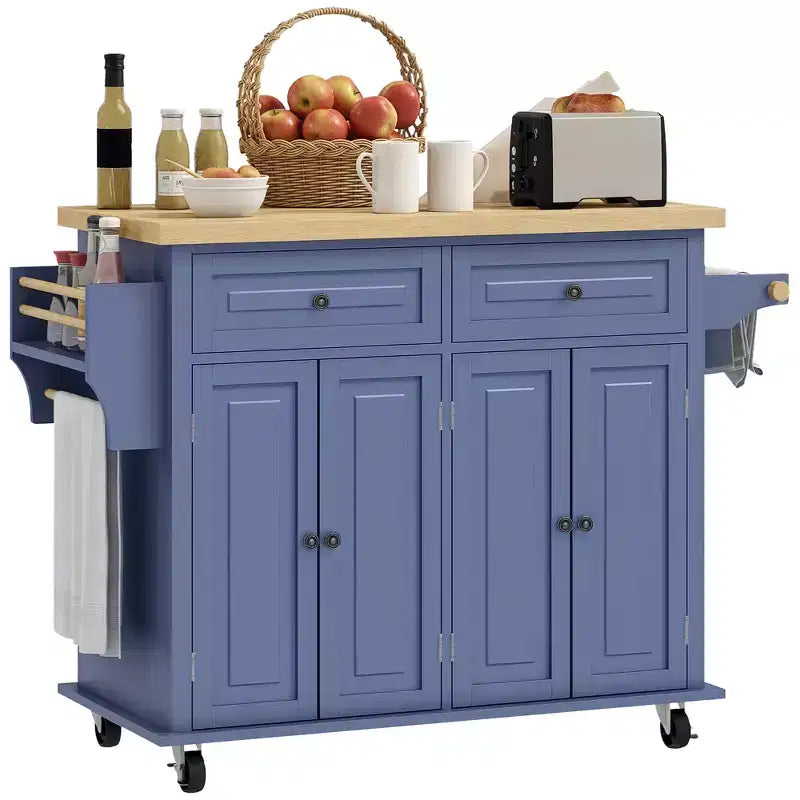 Îlot de cuisine sur roulettes, Desserte roulante avec plateau en bois d'hévéa, Étagère à épices, Porte-serviettes et Tiroirs pour salle à manger