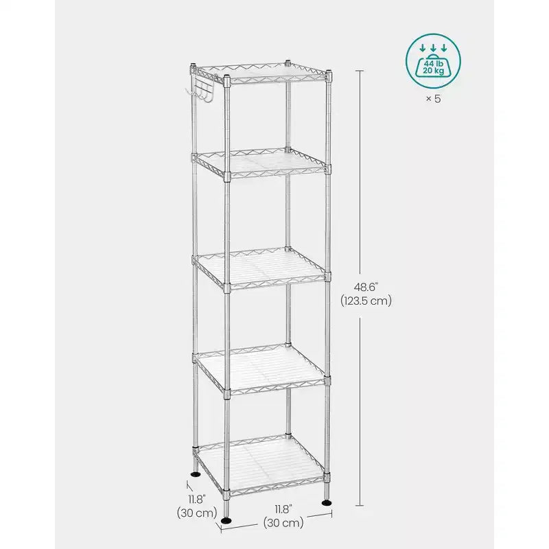 Étagère de salle de bain à 5 niveaux, meuble de rangement pour petits espaces, avec 5 tapis d'étagère, crochet amovible, design extensible