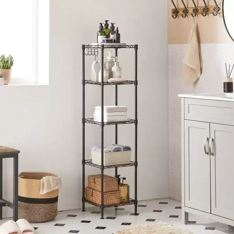 Étagère de salle de bain à 5 niveaux, meuble de rangement pour petits espaces, avec 5 tapis d'étagère, crochet amovible, design extensible
