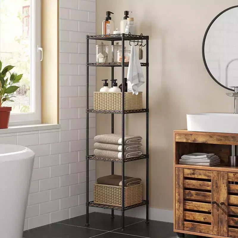 SONGMICS 5-Tier Bathroom Shelf, Storage Rack for Small Space, with 5 PP Shelf Liners, Removable Hook, Extendable Design