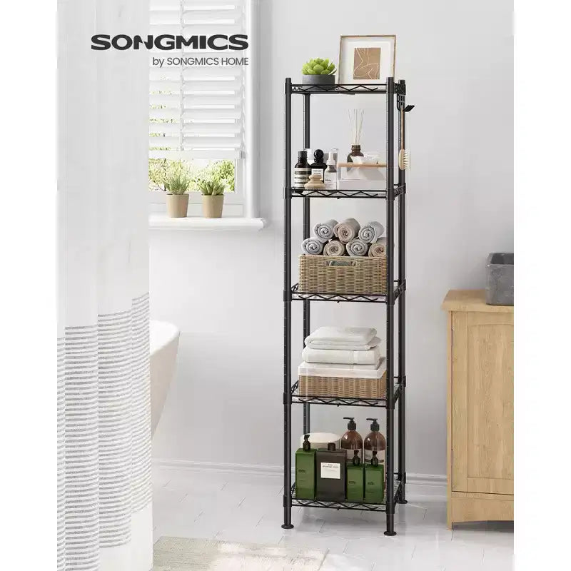 Étagère de salle de bain à 5 niveaux, meuble de rangement pour petits espaces, avec 5 tapis d'étagère, crochet amovible, design extensible