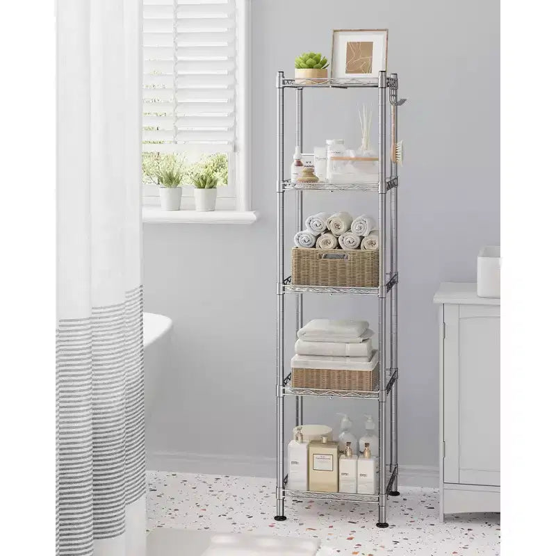 Étagère de salle de bain à 5 niveaux, meuble de rangement pour petits espaces, avec 5 tapis d'étagère, crochet amovible, design extensible