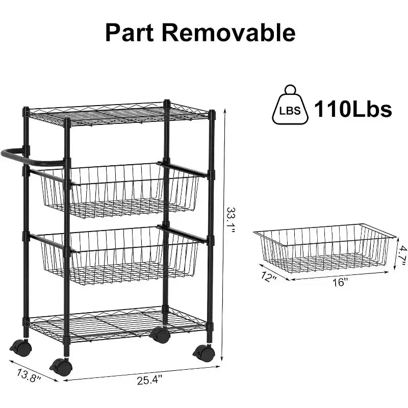 Chariot de rangement à roulettes à 4 niveaux, desserte métallique avec roues et poignée, capacité de 50 kg, pour restaurant et cuisine, noir