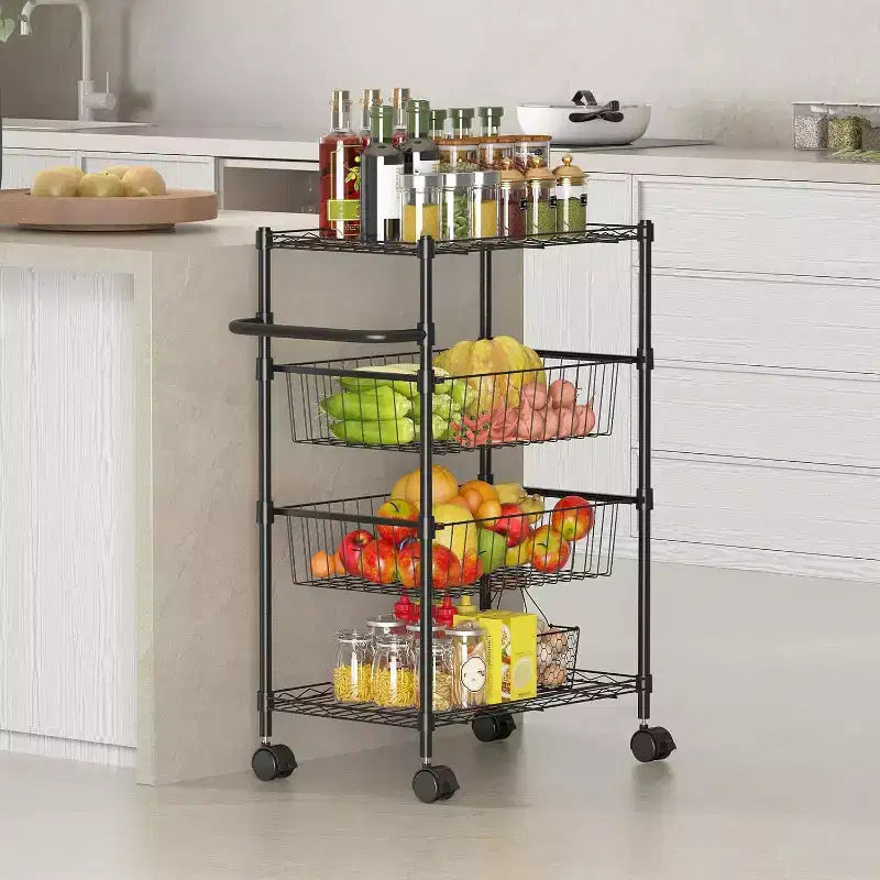Chariot de rangement à roulettes à 4 niveaux, desserte métallique avec roues et poignée, capacité de 50 kg, pour restaurant et cuisine, noir