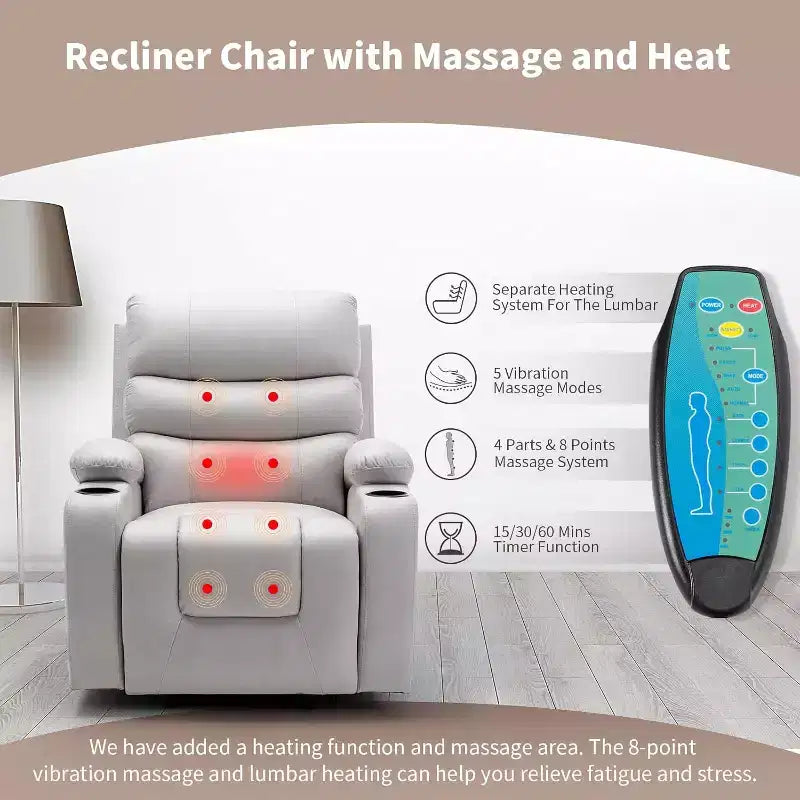 Fauteuil inclinable releveur en cuir avec massage et chauffage
