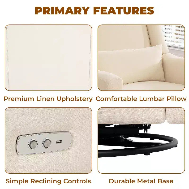 Fauteuil inclinable de luxe motorisé avec port de charge USB, fonction pivotante et support lombaire pour un confort optimal en chambre de bébé