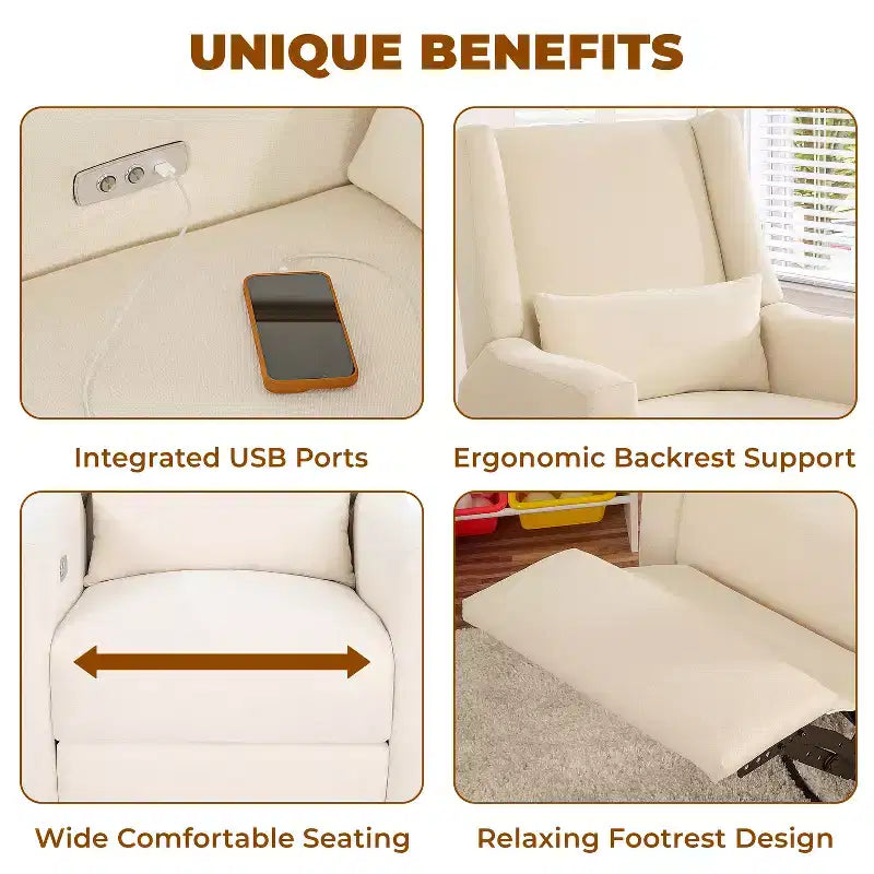 Fauteuil inclinable de luxe motorisé avec port de charge USB, fonction pivotante et support lombaire pour un confort optimal en chambre de bébé