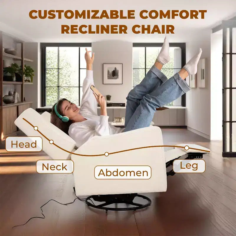 Fauteuil inclinable de luxe motorisé avec port de charge USB, fonction pivotante et support lombaire pour un confort optimal en chambre de bébé