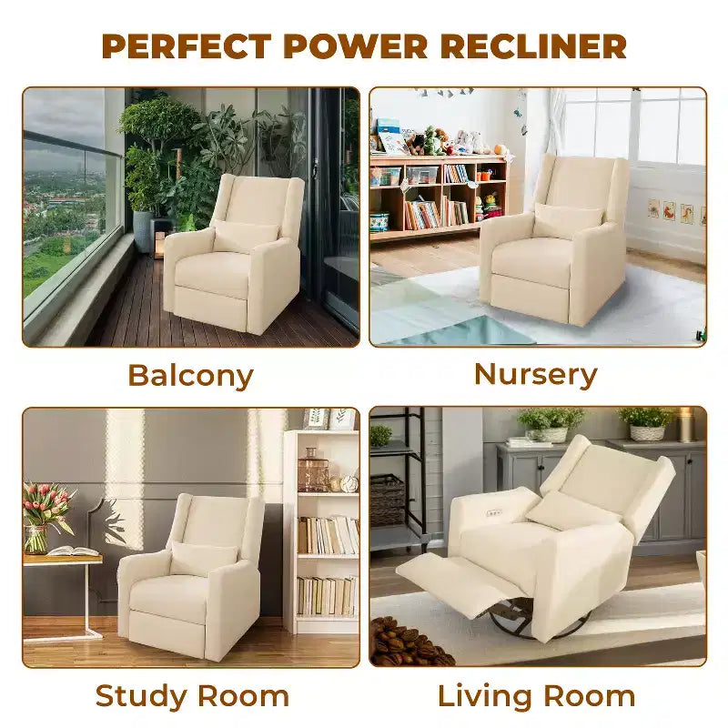 Fauteuil inclinable de luxe motorisé avec port de charge USB, fonction pivotante et support lombaire pour un confort optimal en chambre de bébé