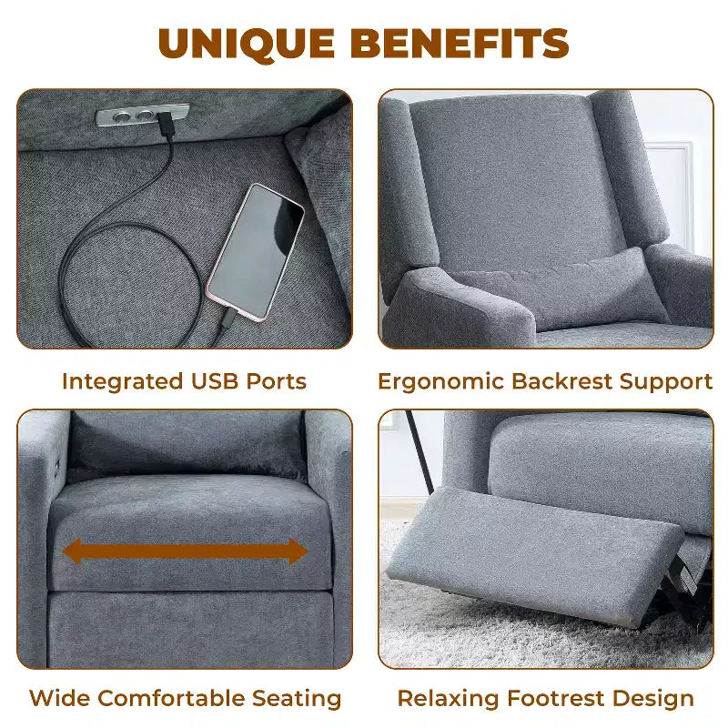 Fauteuil inclinable de luxe motorisé avec port de charge USB, fonction pivotante et support lombaire pour un confort optimal en chambre de bébé