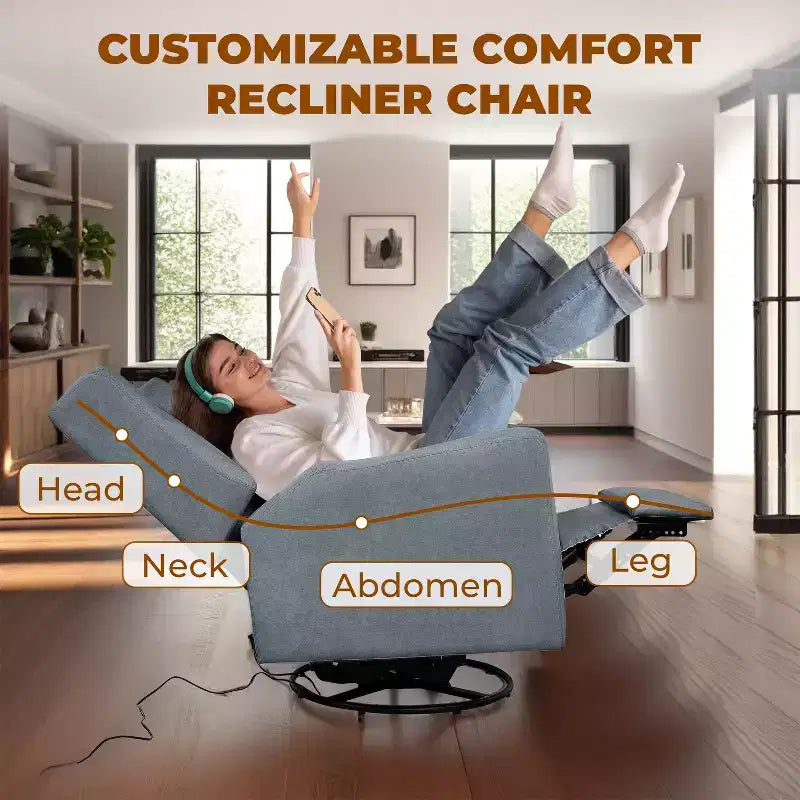 Fauteuil inclinable de luxe motorisé avec port de charge USB, fonction pivotante et support lombaire pour un confort optimal en chambre de bébé