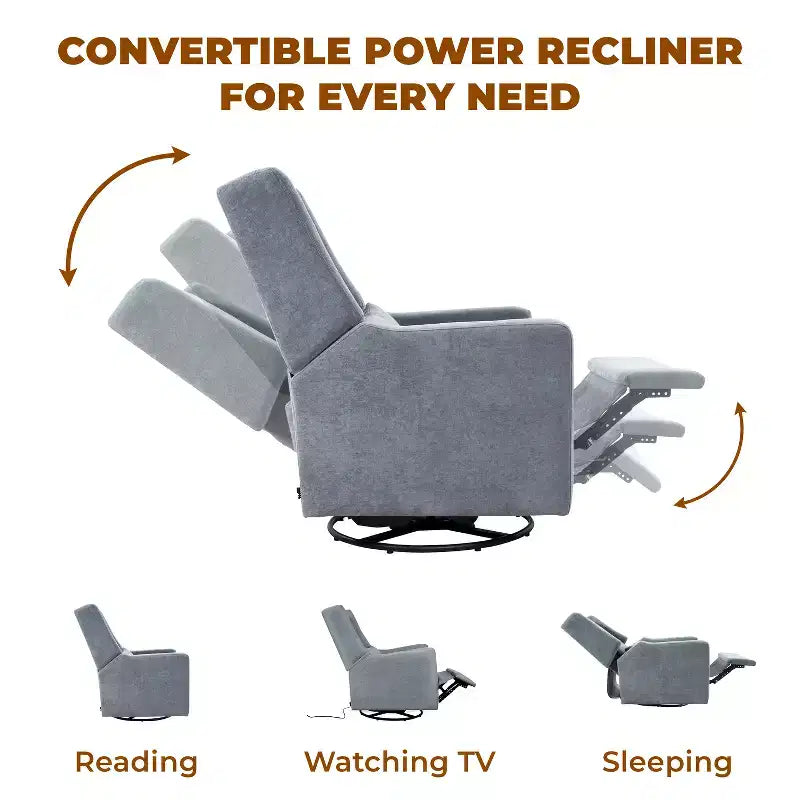 Fauteuil inclinable de luxe motorisé avec port de charge USB, fonction pivotante et support lombaire pour un confort optimal en chambre de bébé