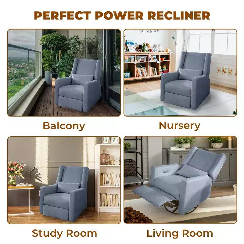 Fauteuil inclinable de luxe motorisé avec port de charge USB, fonction pivotante et support lombaire pour un confort optimal en chambre de bébé