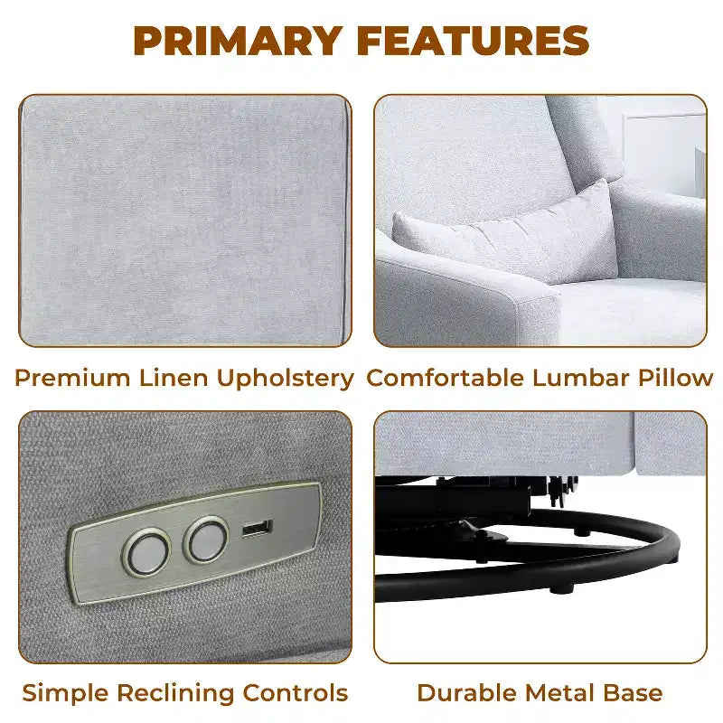 Fauteuil inclinable de luxe motorisé avec port de charge USB, fonction pivotante et support lombaire pour un confort optimal en chambre de bébé