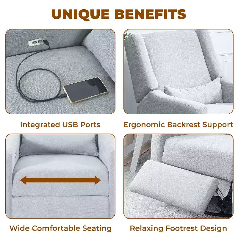 Fauteuil inclinable de luxe motorisé avec port de charge USB, fonction pivotante et support lombaire pour un confort optimal en chambre de bébé