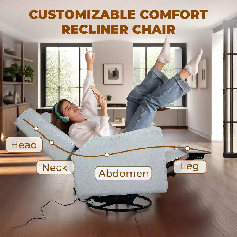 Fauteuil inclinable de luxe motorisé avec port de charge USB, fonction pivotante et support lombaire pour un confort optimal en chambre de bébé