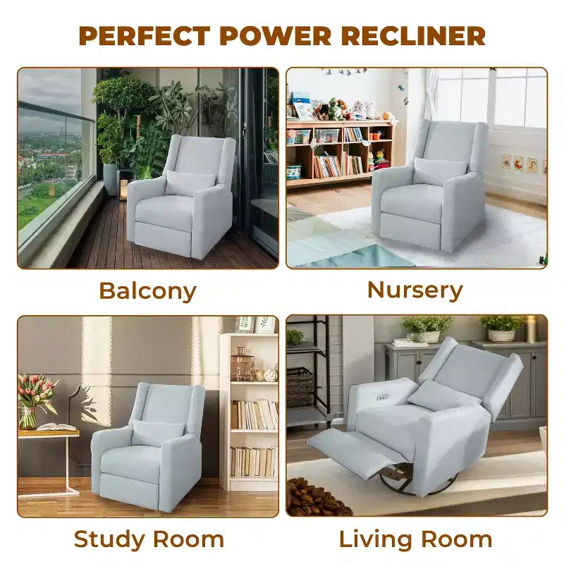 Fauteuil inclinable de luxe motorisé avec port de charge USB, fonction pivotante et support lombaire pour un confort optimal en chambre de bébé