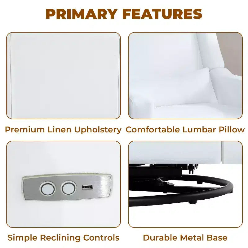 Fauteuil inclinable de luxe motorisé avec port de charge USB, fonction pivotante et support lombaire pour un confort optimal en chambre de bébé