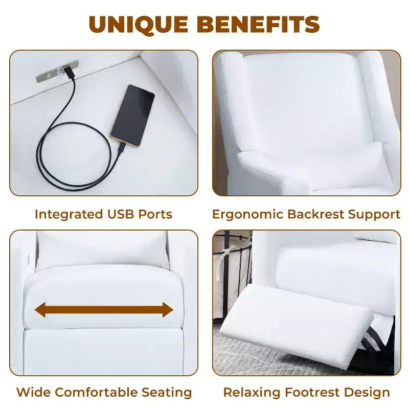 Fauteuil inclinable de luxe motorisé avec port de charge USB, fonction pivotante et support lombaire pour un confort optimal en chambre de bébé