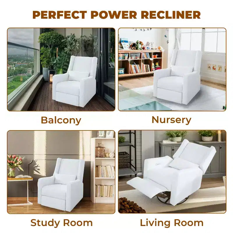 Fauteuil inclinable de luxe motorisé avec port de charge USB, fonction pivotante et support lombaire pour un confort optimal en chambre de bébé