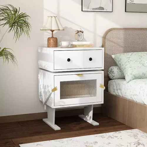 Famapy 360 Swivel Bedside Table with Drawer and Transparent Glass Cabinet Nightstand