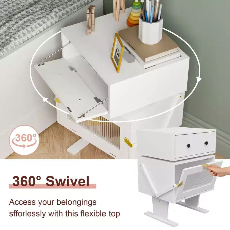 Table de chevet pivotante à 360° avec tiroir et meuble en verre transparent