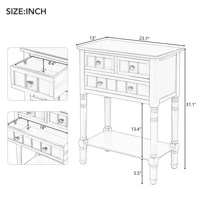 Console étroite classique avec trois tiroirs de rangement et une étagère inférieure