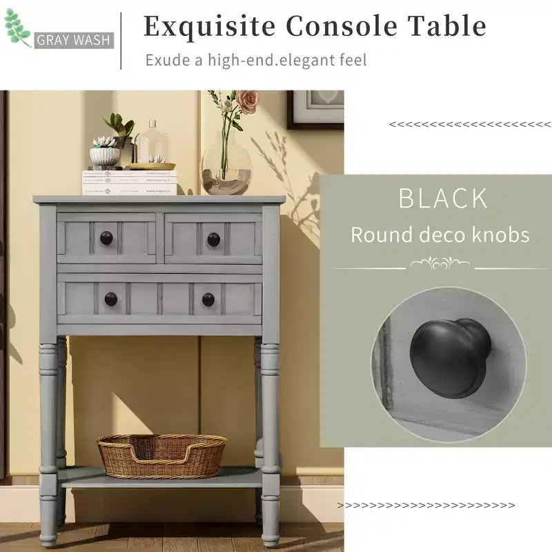 Console étroite classique avec trois tiroirs de rangement et une étagère inférieure