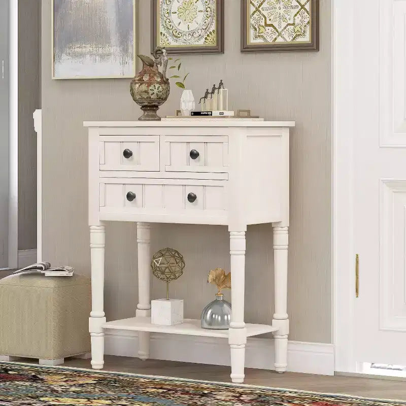 Console étroite classique avec trois tiroirs de rangement et une étagère inférieure