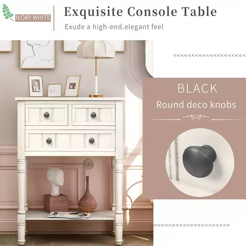Console étroite classique avec trois tiroirs de rangement et une étagère inférieure