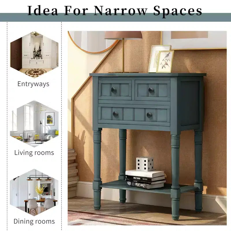 Console étroite classique avec trois tiroirs de rangement et une étagère inférieure
