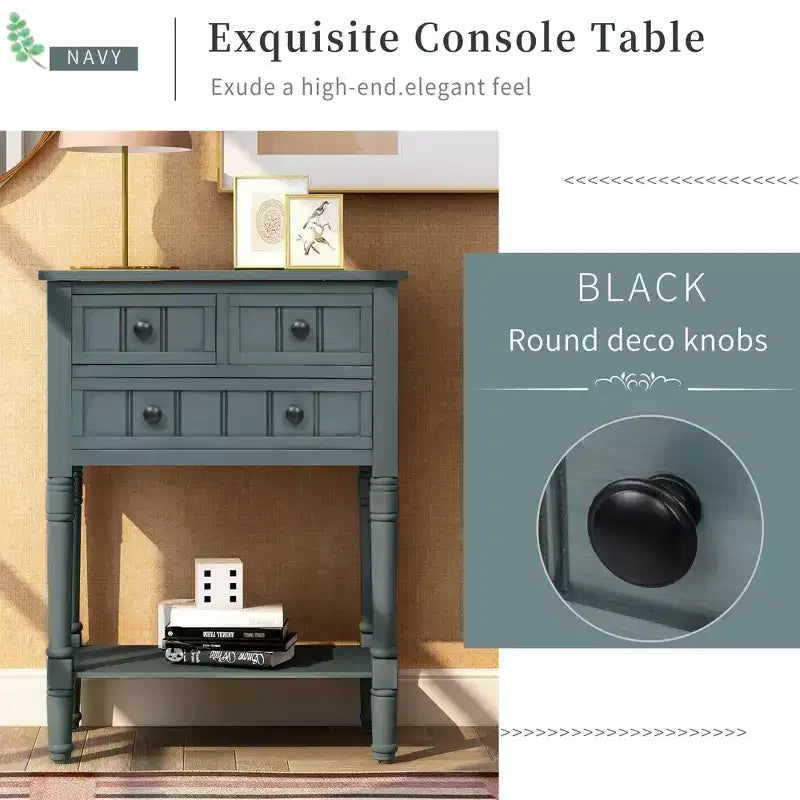 Console étroite classique avec trois tiroirs de rangement et une étagère inférieure