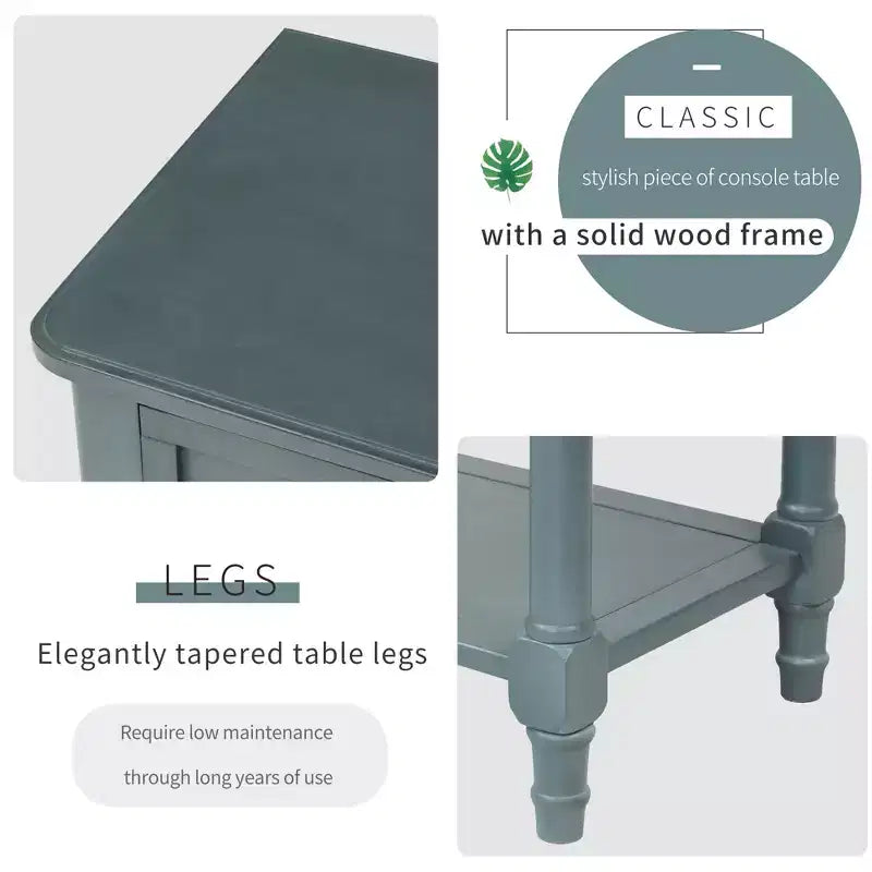 Console étroite classique avec trois tiroirs de rangement et une étagère inférieure