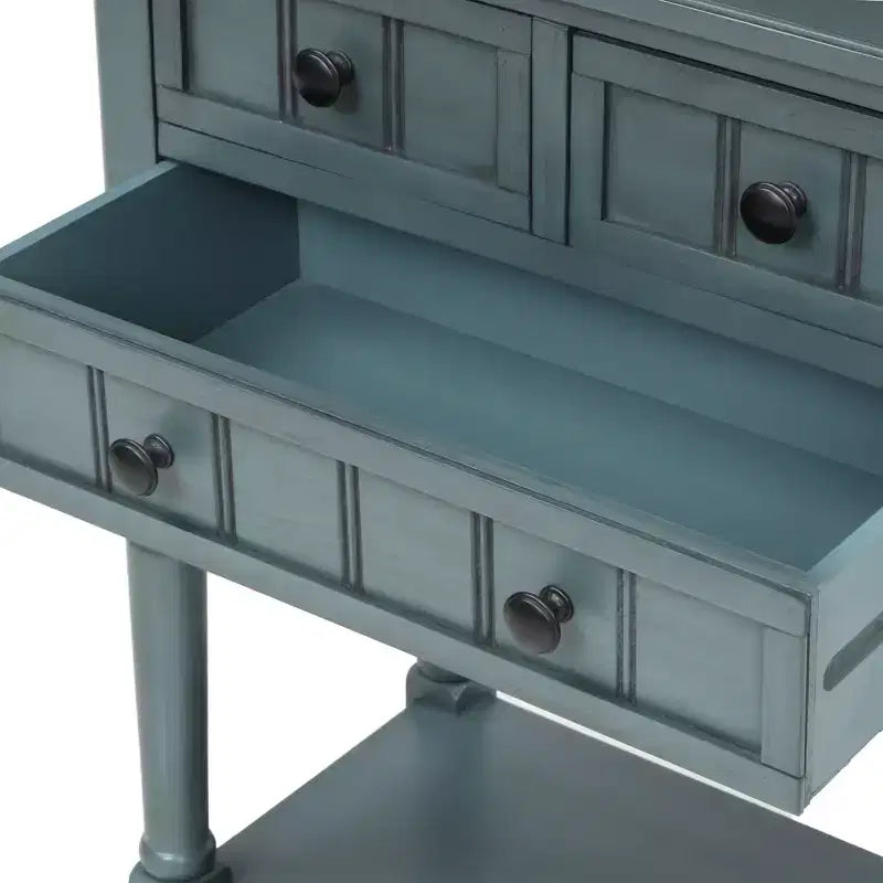 Console étroite classique avec trois tiroirs de rangement et une étagère inférieure