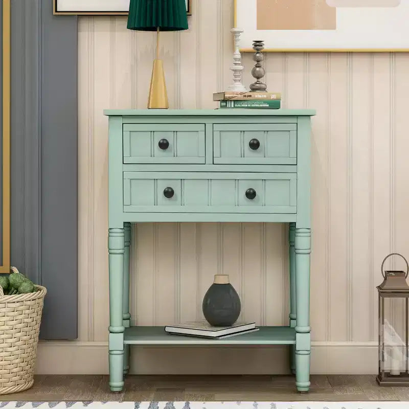 Console étroite classique avec trois tiroirs de rangement et une étagère inférieure