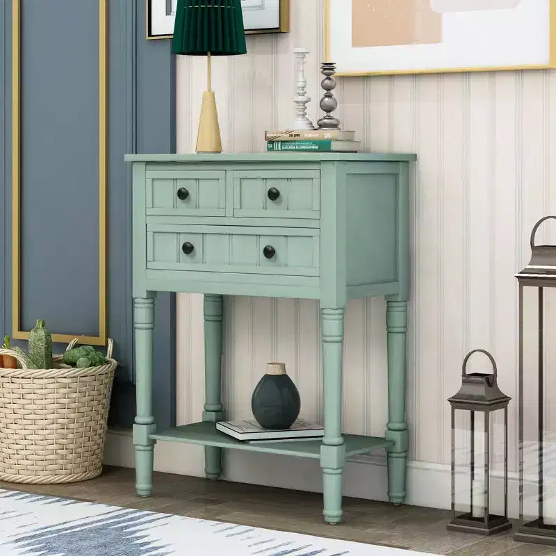 Console étroite classique avec trois tiroirs de rangement et une étagère inférieure