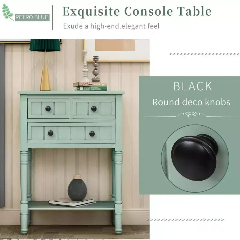 Console étroite classique avec trois tiroirs de rangement et une étagère inférieure