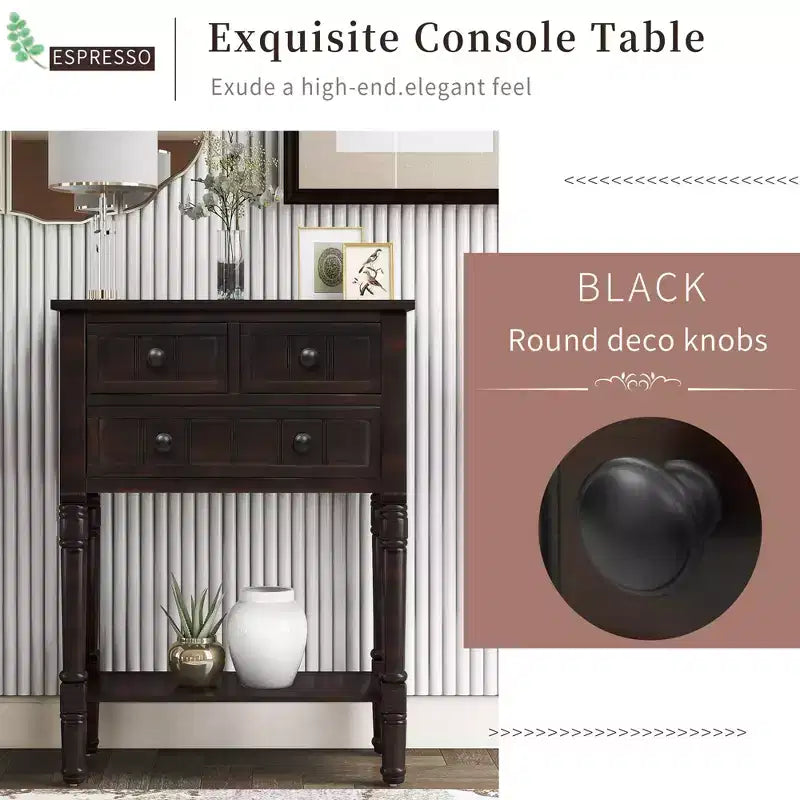 Console étroite classique avec trois tiroirs de rangement et une étagère inférieure